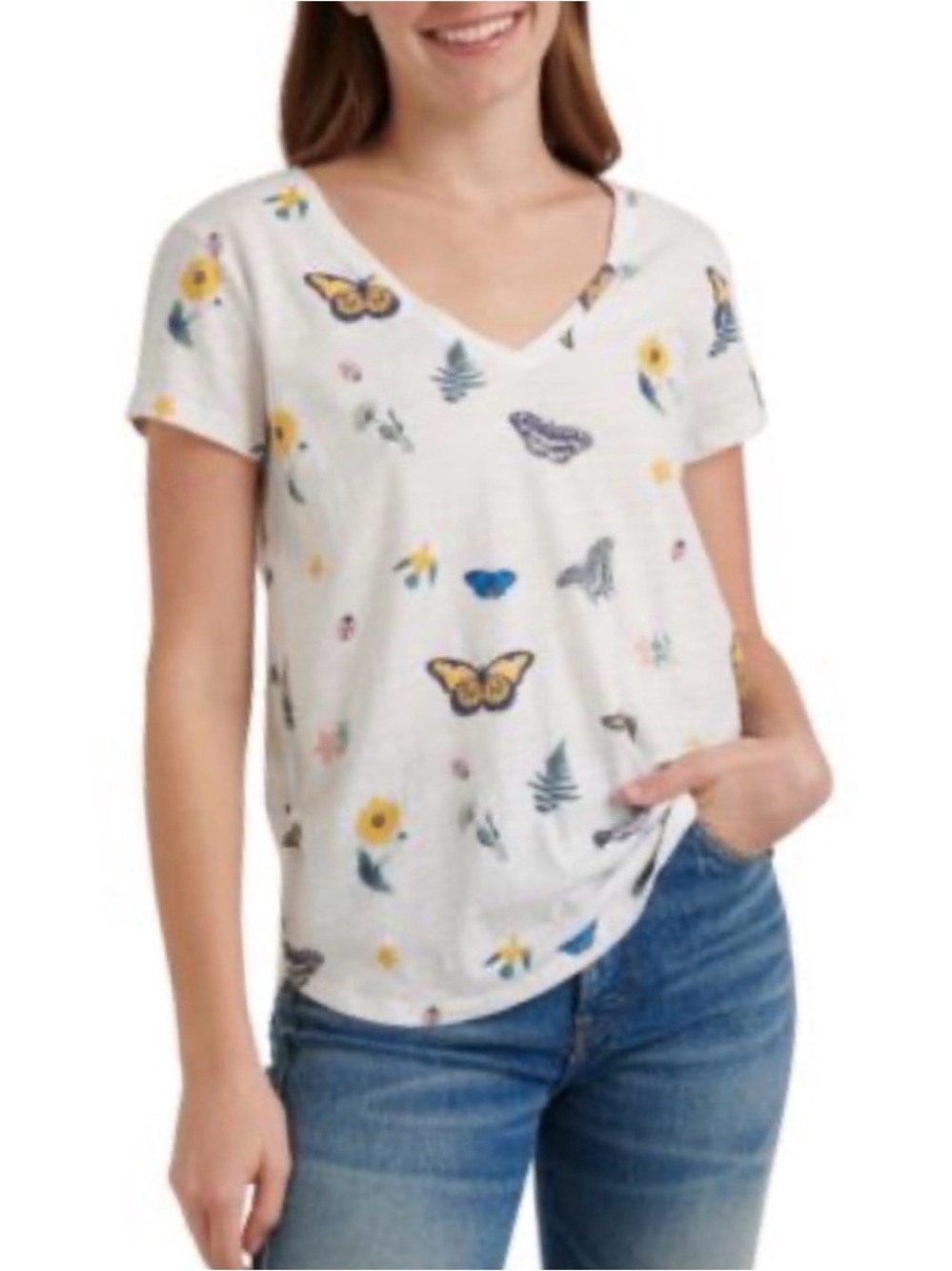 Lucky Brand Women's White Butterfly & Floral V-Neck Tee